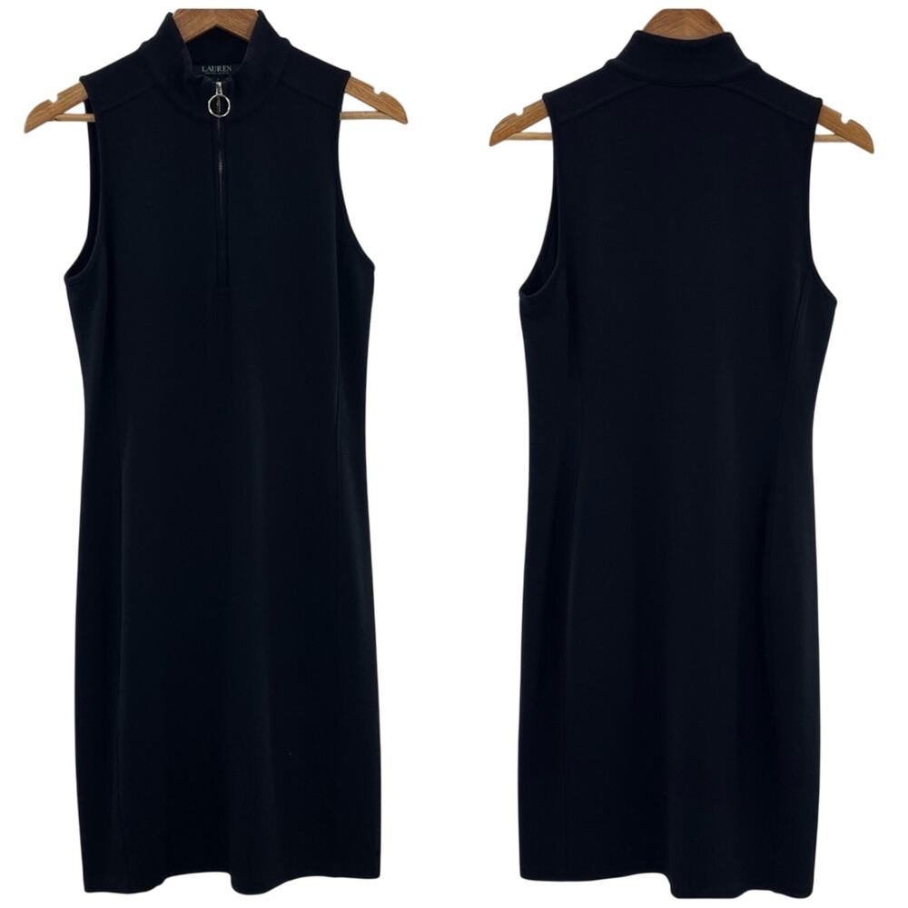 Lauren Ralph Lauren Black Silver Zipper Mock Neck Sleeveless Fitted Dress Size S
